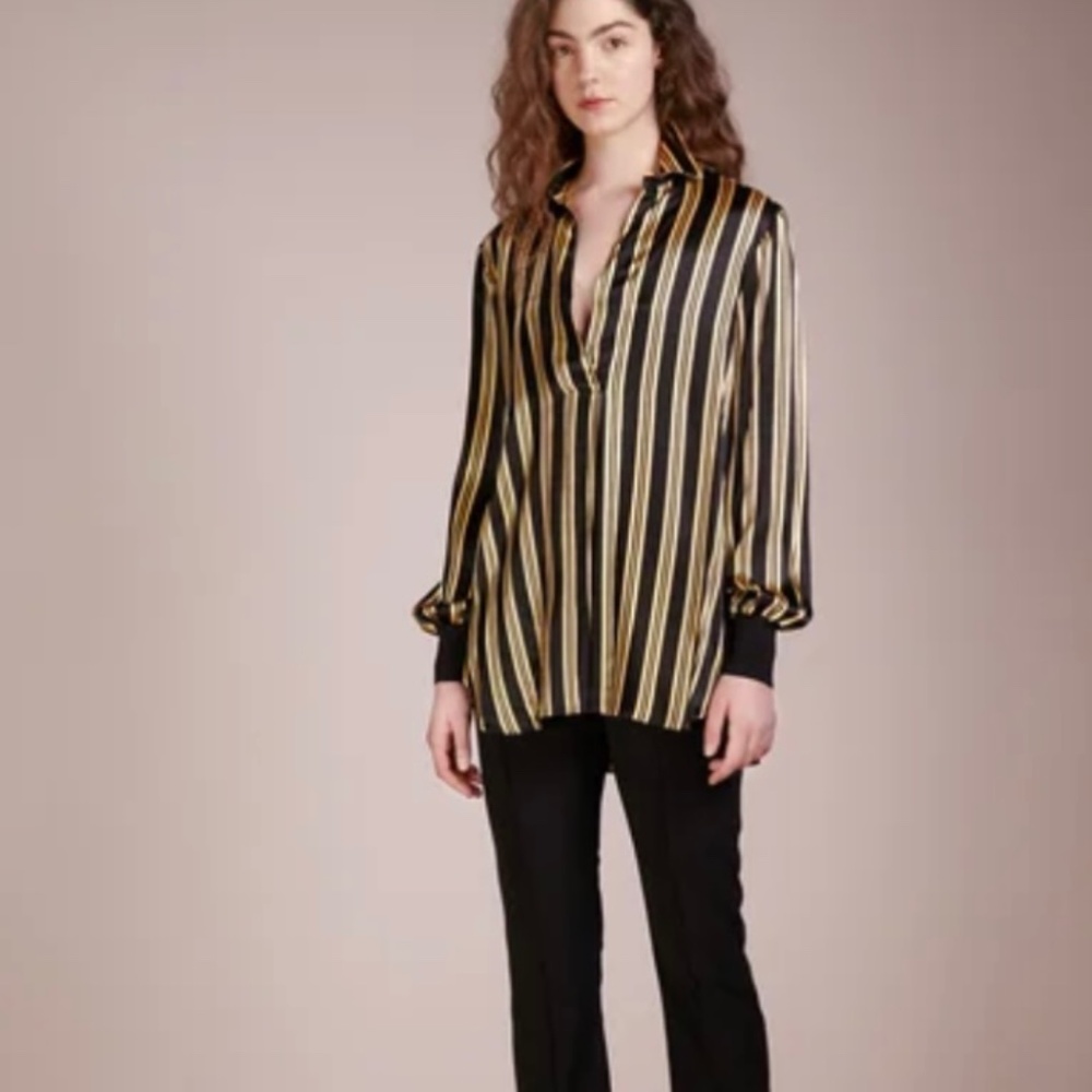 By Malene Birger Striped V-Neck Tunic Size 38 in Black & Gold Stripes